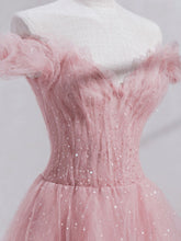 Elegant Pink Off Shoulder Tulle Prom Dress Tea Length Formal Gown